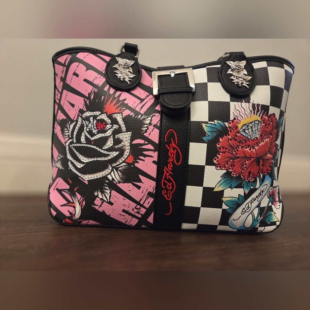 NWT Viral Ed Hardy tote shoulder bag Black and Pink Graphic Rhinestone Tote Bag